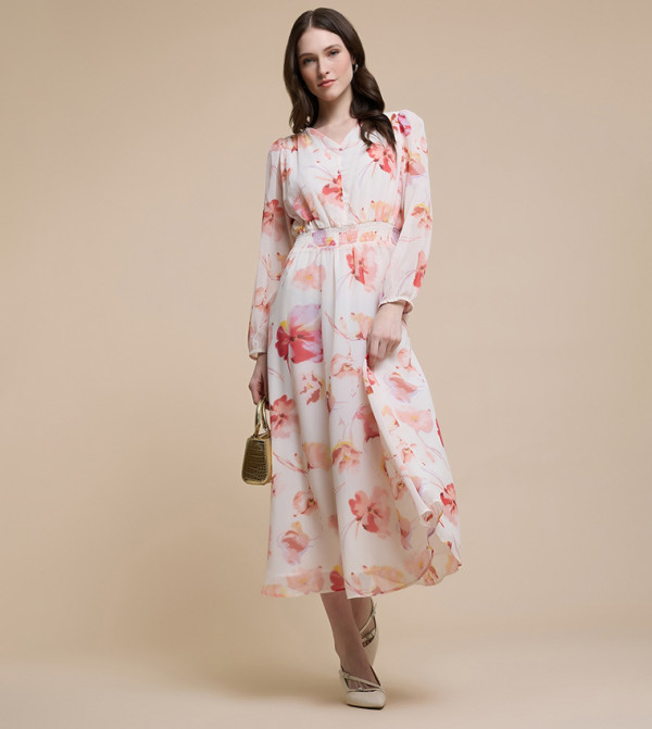 Printed Midi Dress with V-Neck and Puff Sleeves