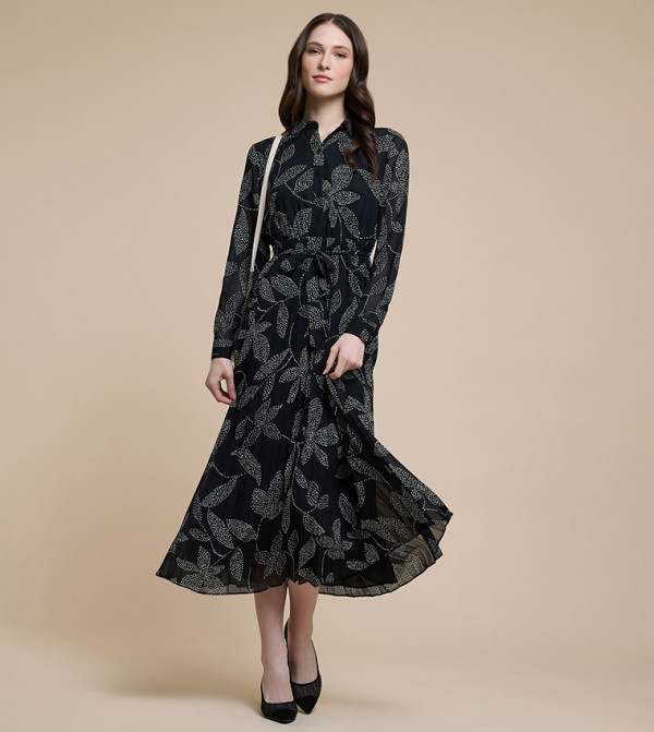 Printed Midi Dress with Stand Collar and Long Sleeves