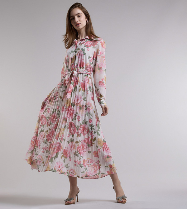 فستان قميص كم طويل بطبعة الزهور 