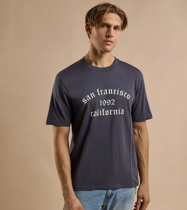 Typography Print T-Shirt with Crew Neck and Short Sleeves
