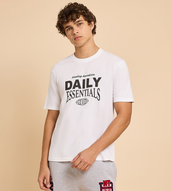 Typography Print T-Shirt with Crew Neck and Short Sleeves