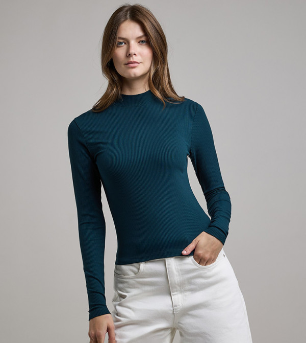 Ribbed Top with Mock Neck and Long Sleeves