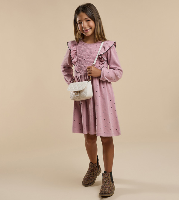 Printed Flared Dress with Crew Neck and Long Sleeves