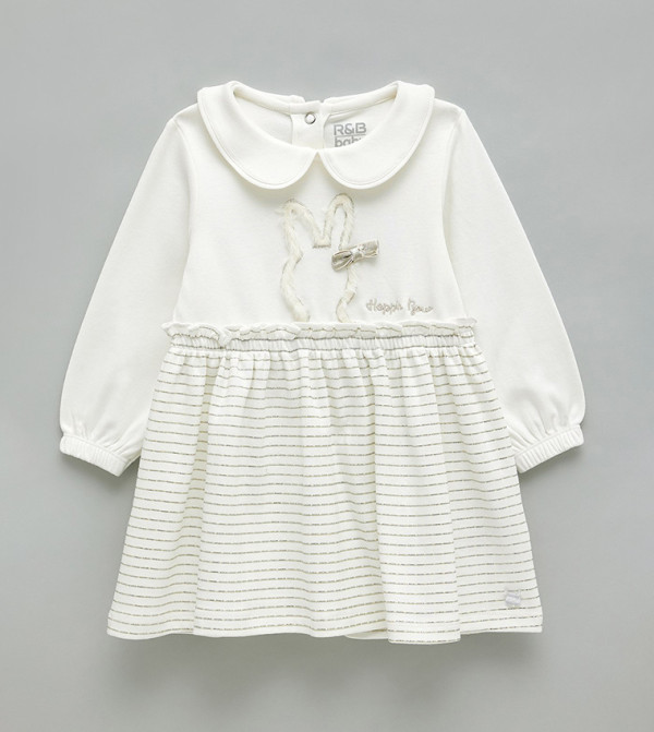 Appliqued A-Line Dress with Baby Collar and Long Sleeves