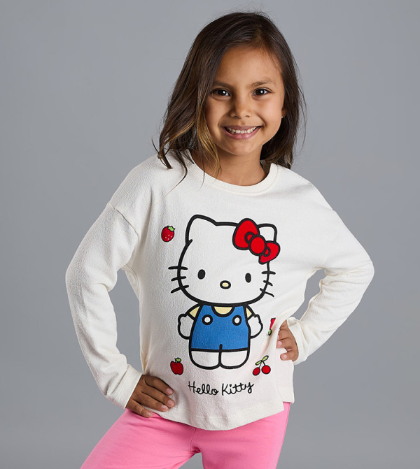 Hello Kitty Print T-Shirt with Crew Neck and Long Sleeves