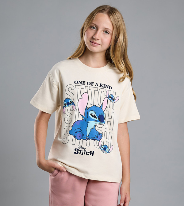 Stitch Print T-Shirt with Crew Neck and Short Sleeves