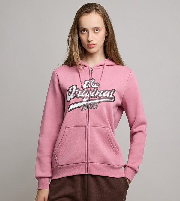 Typography Print Hooded Jacket with Zipper Closure