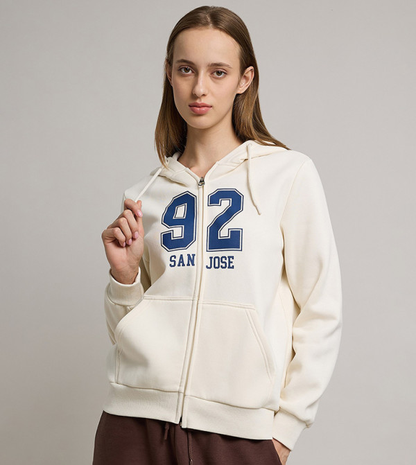 Typography Print Hooded Jacket with Zipper Closure