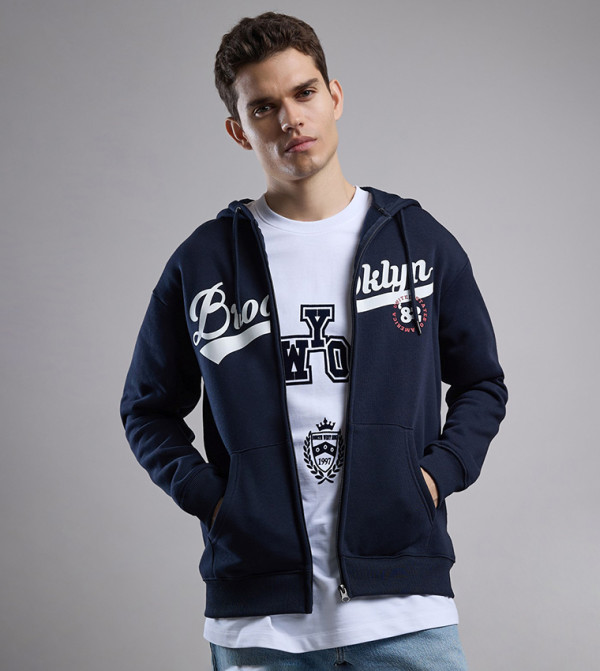 Typography Print Hooded Jacket with Zipper Closure