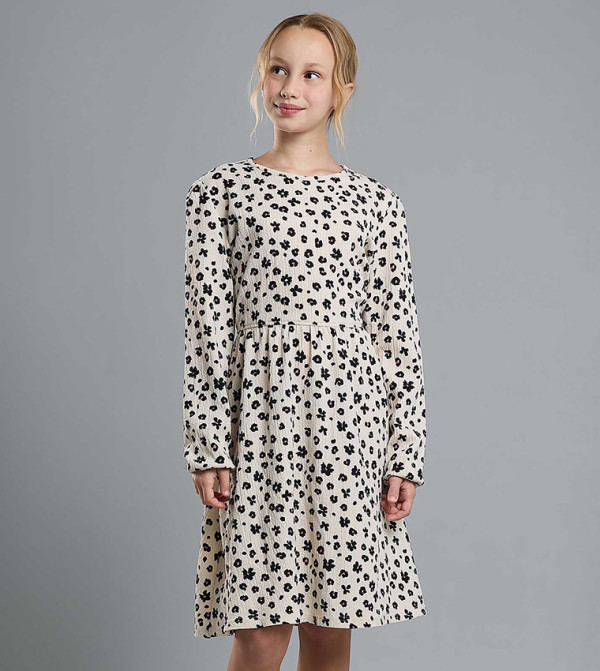 Printed Flared Dress with Crew Neck and Long Sleeves