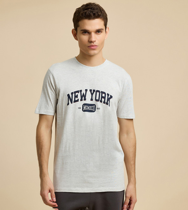 Typography Print T-Shirt with Crew Neck and Short Sleeves