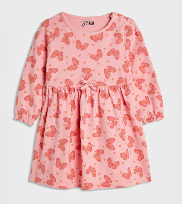 Printed Dress with Crew Neck and Long Sleeves