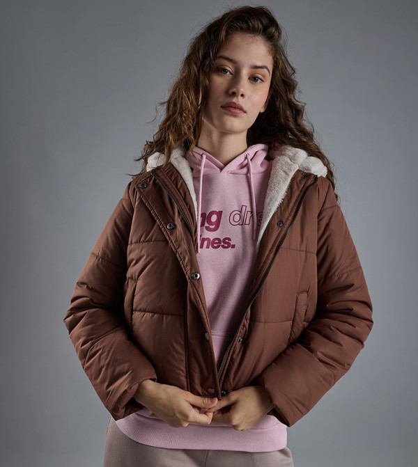 Quilted Hooded Puffer Jacket with Zipper Closure