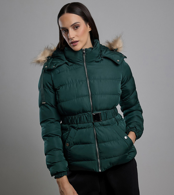 Quilted Hooded Puffer Jacket with Zipper Closure