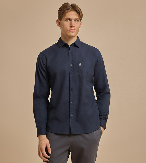 Solid Shirt with Classic Collar and Long Sleeves