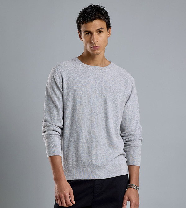 Textured Sweater with Crew Neck and Long Sleeves