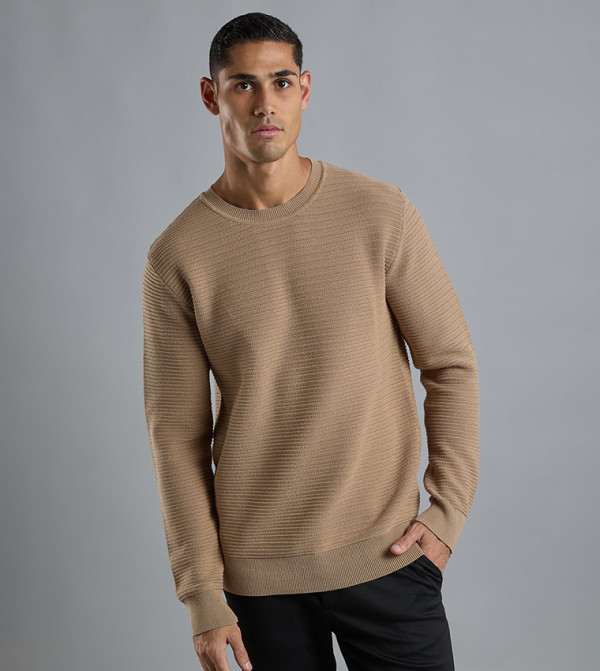 Textured Sweater with Crew Neck and Long Sleeves