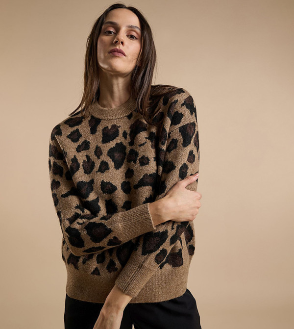 Animal Patterned Sweater with Crew Neck and Long Sleeves