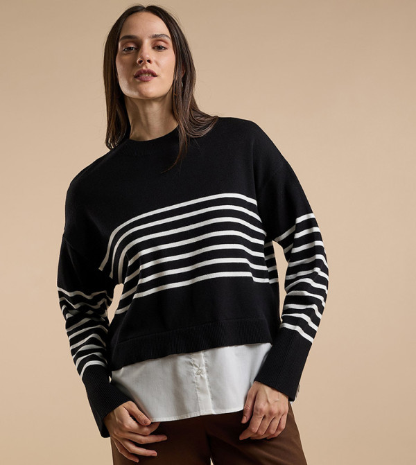 Striped Sweater with Crew Neck and Long Sleeves