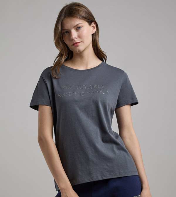 Embellished T-Shirt with Crew Neck and Short Sleeves