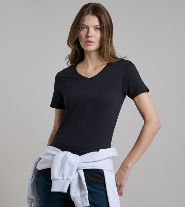 Solid T-Shirt with V-Neck and Short Sleeves