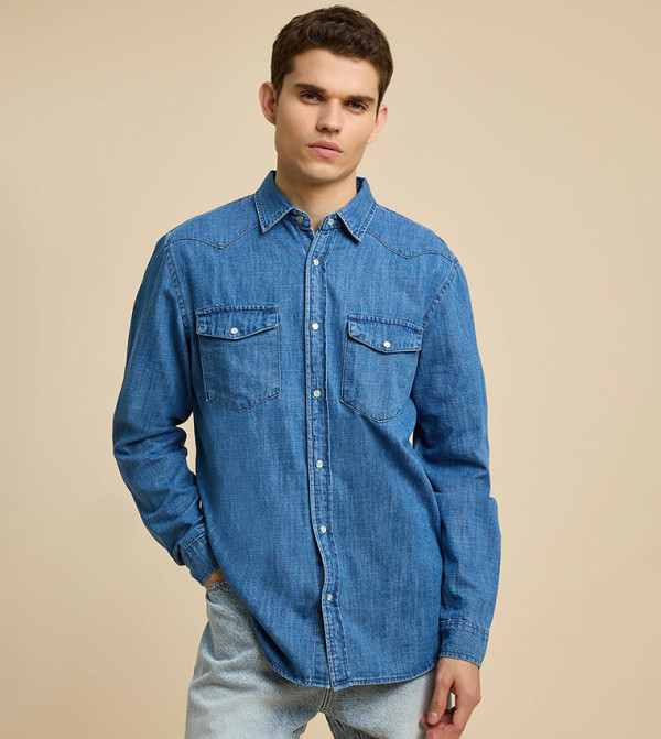 Washed Denim Shirt with Classic Collar and Long Sleeves