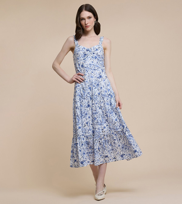 Printed Sleeveless Midi Dress with Sweatheart Neck