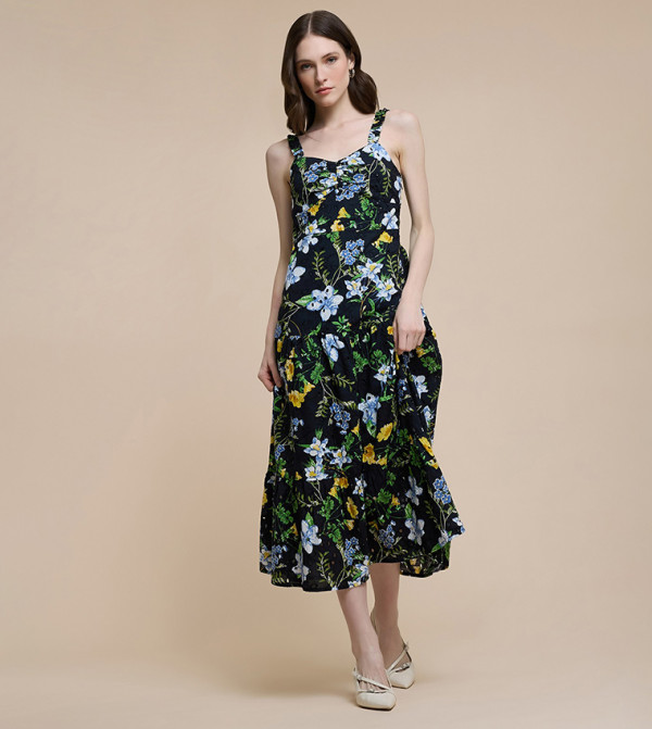 Floral Print Sleeveless Midi Dress with Sweatheart Neck