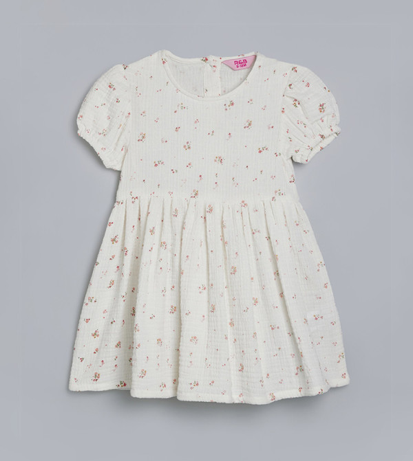 Floral Printed Flared Dress with Crew Neck and Puff Sleeves