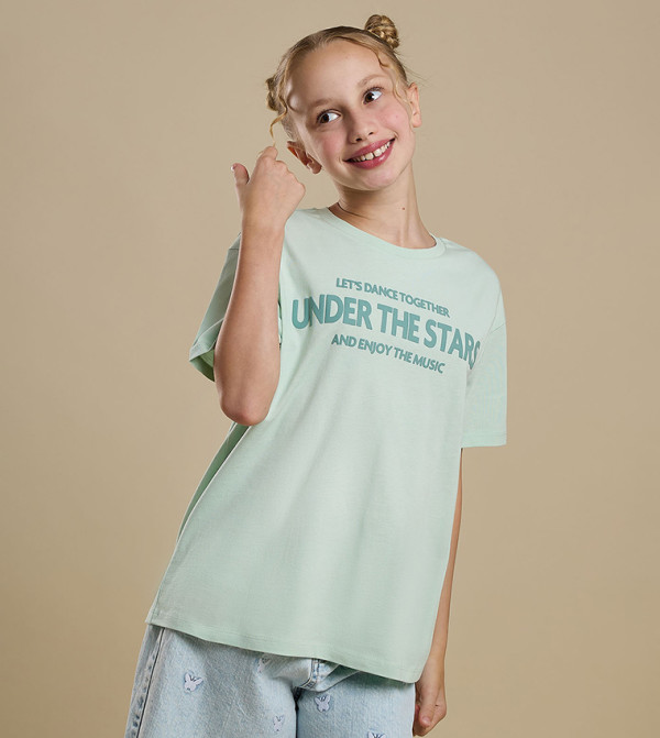 Typography Print T-Shirt with Crew Neck and Short Sleeves