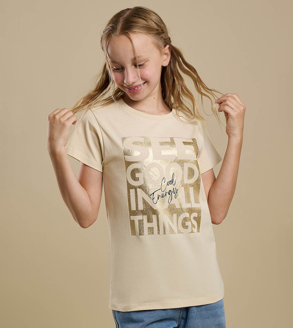 Foil Print T-Shirt with Crew Neck and Short Sleeves