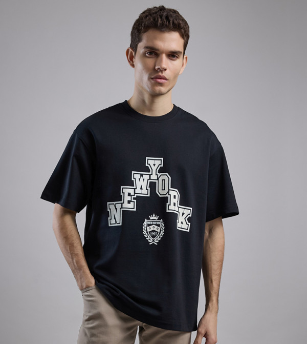 Typography Print T-Shirt with Crew Neck and Short Sleeves