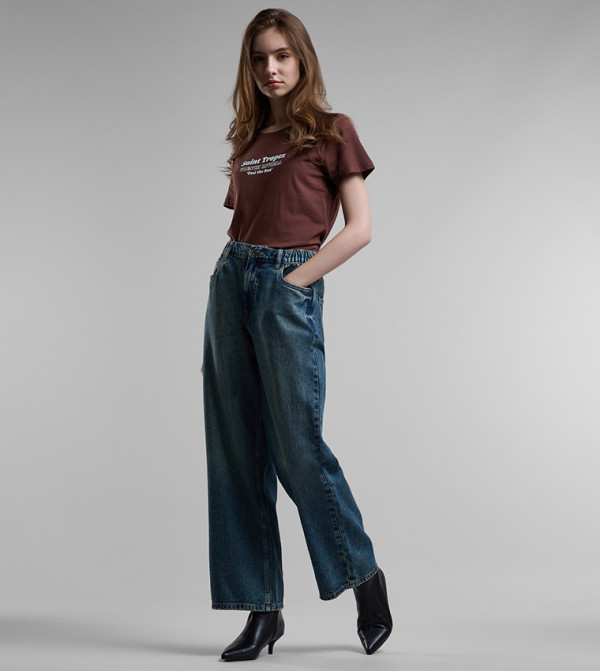 Washed Wide Leg Jeans with Button Closure