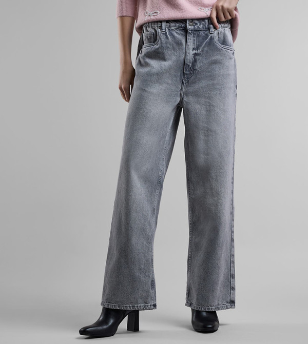 Washed Wide Leg Jeans with Button Closure