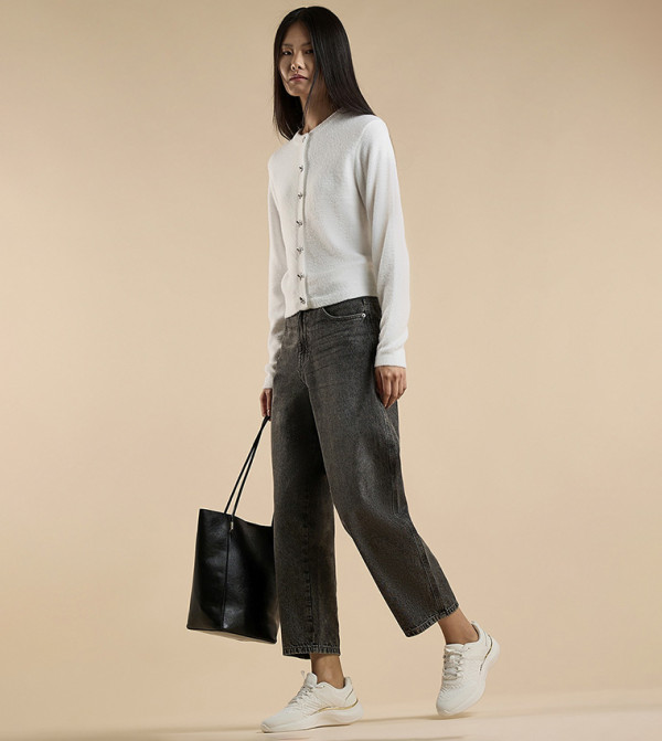 Washed Pleated Jeans with Button Closure