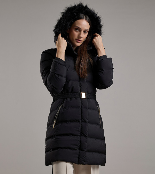 Quilted Hooded Puffer Jacket with Zipper Closure