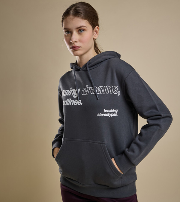 Typography Print Hoodie with Long Sleeves