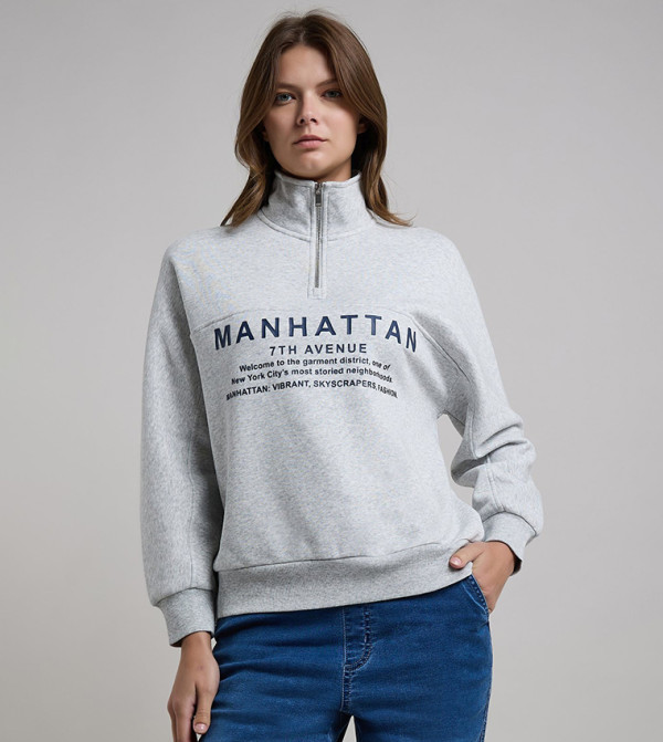 Typography Print Sweatshirt with High Neck and Long Sleeves