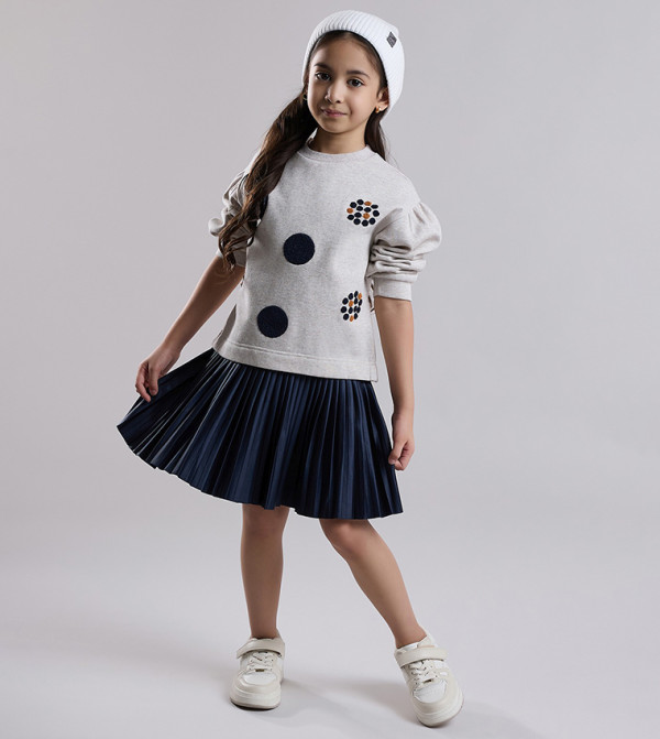 Printed Knit Dress with Crew Neck and Long Sleeves