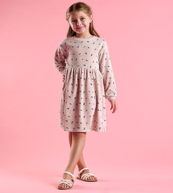 Printed Fit and Flare Dress with Puff Sleeves