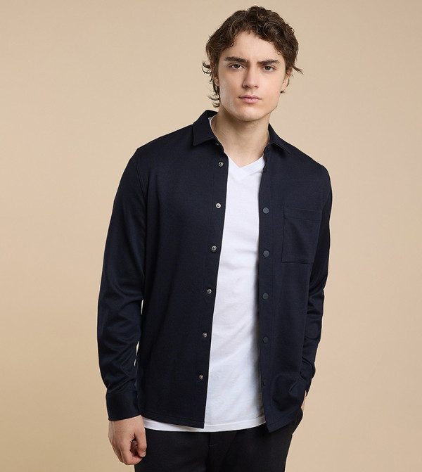 Solid Shirt with Classic Collar and Long Sleeves