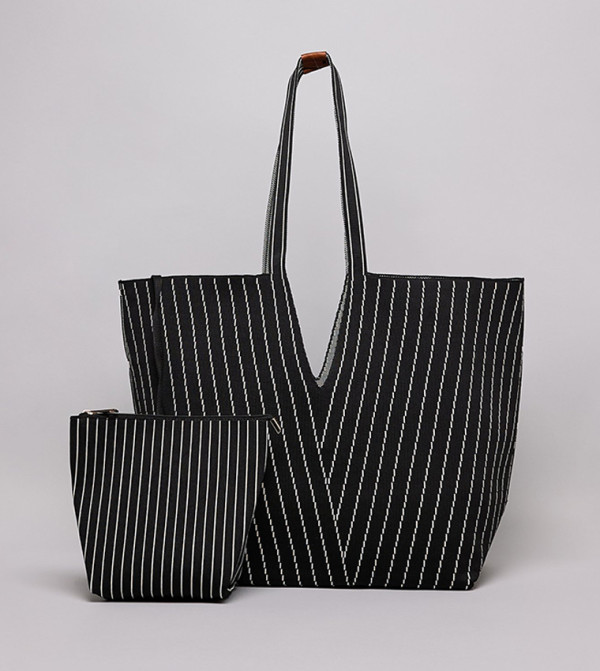 Striped Canvas Tote Bag with Pouch