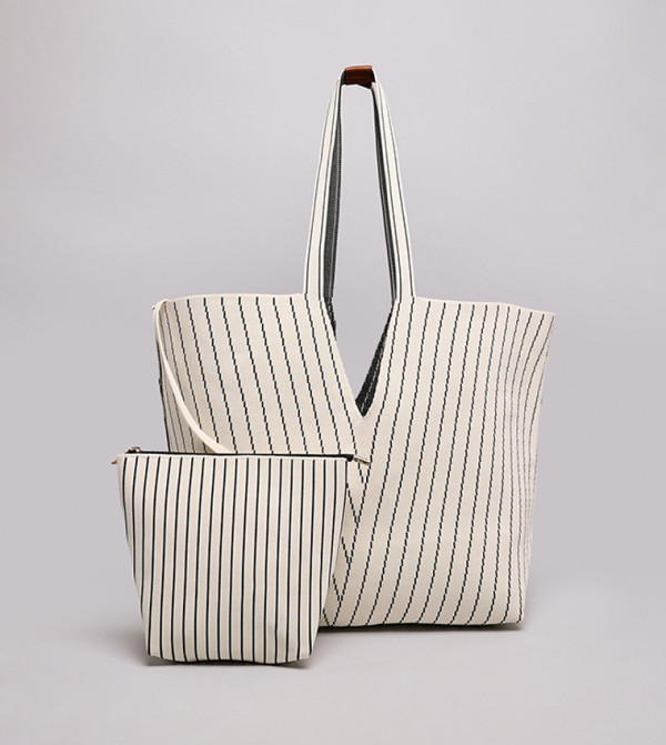 Striped Canvas Tote Bag with Pouch