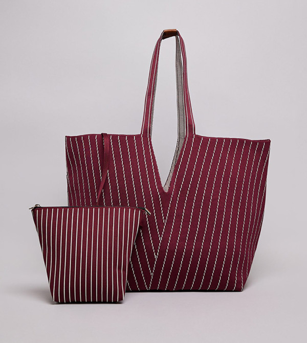 Striped Canvas Tote Bag with Pouch