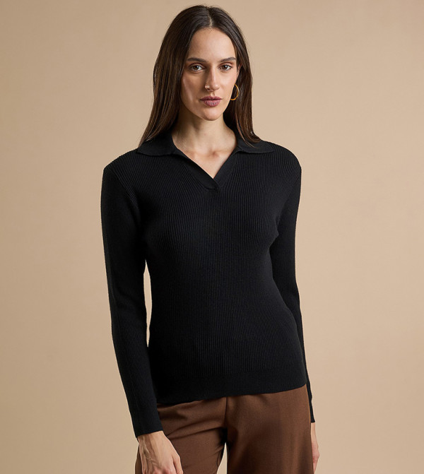 Ribbed Top with Shirt Collar and Long Sleeves