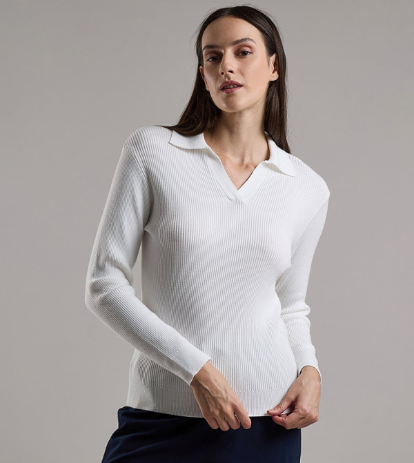 Ribbed Top with Shirt Collar and Long Sleeves