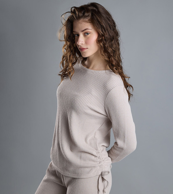 Textured Lounge Top with Crew Neck and Long Sleeves