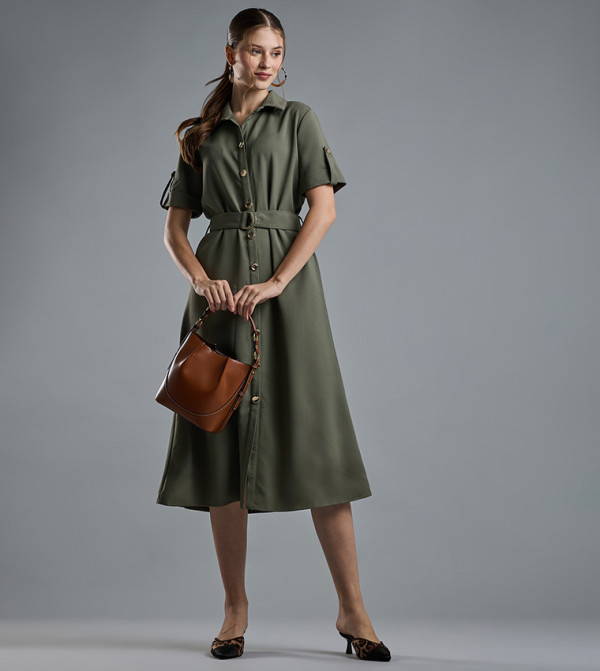 Solid Shirt Dress with Short Sleeves
