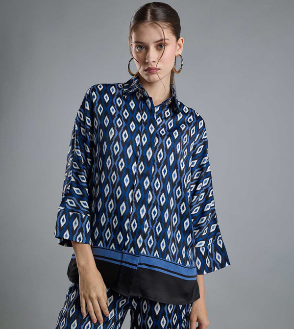Patterned Shirt with Classic Collar and 3/4 Sleeves