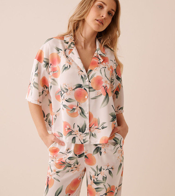 Peach Print Satin Button-Down Shirt
